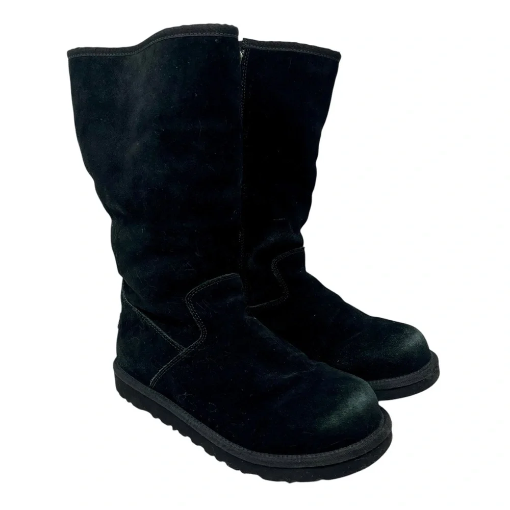 UGG Black Suede Zip Sunshine Tall Boots‎ Sz 6 Shearling Winter Snow Classic 90s